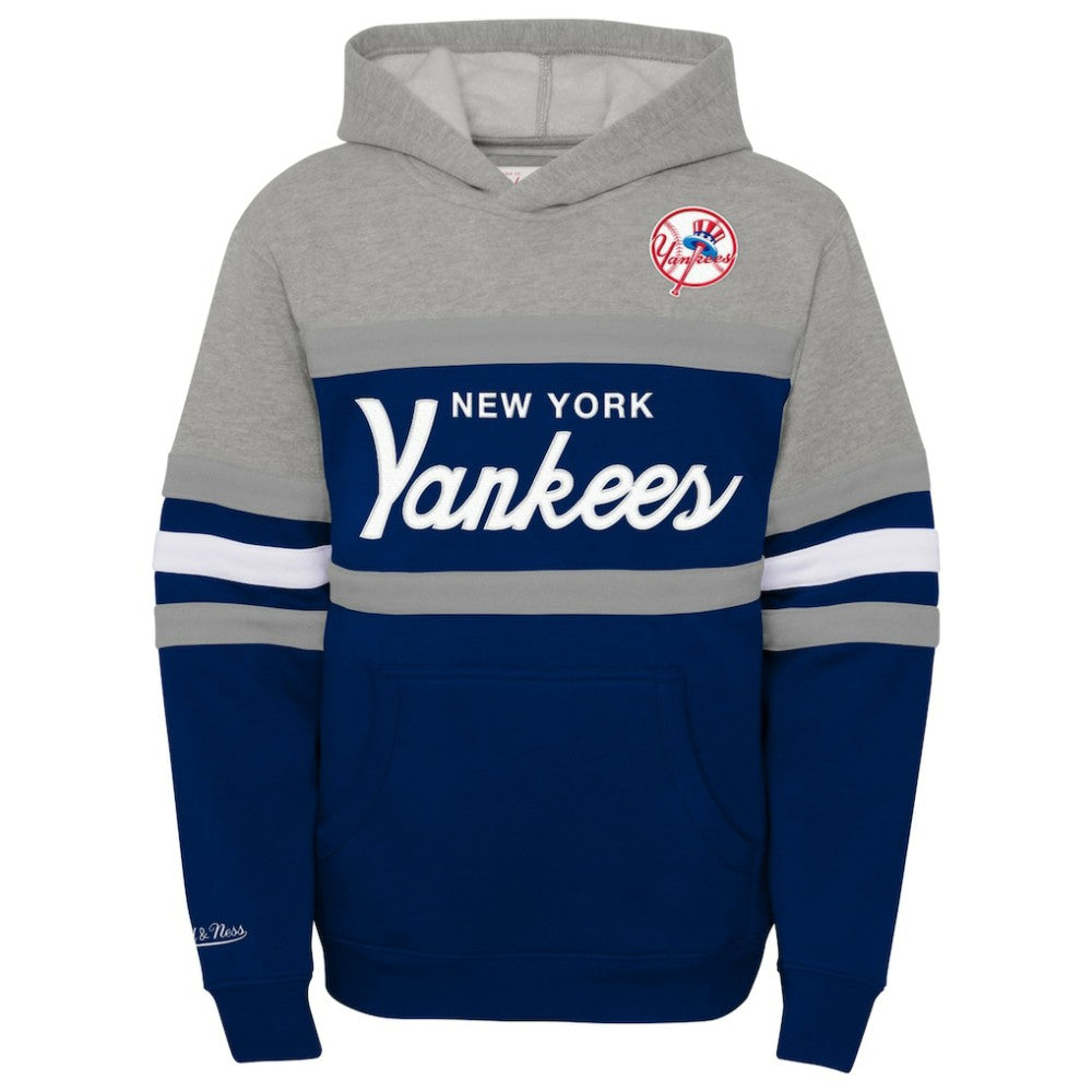 New York Yankees Mitchell & Ness Youth Cooperstown Collection Head Coach Pullover Hoodie - Heather Gray/Navy Hoodies