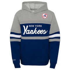 New York Yankees Mitchell & Ness Youth Cooperstown Collection Head Coach Pullover Hoodie - Heather Gray/Navy Hoodies