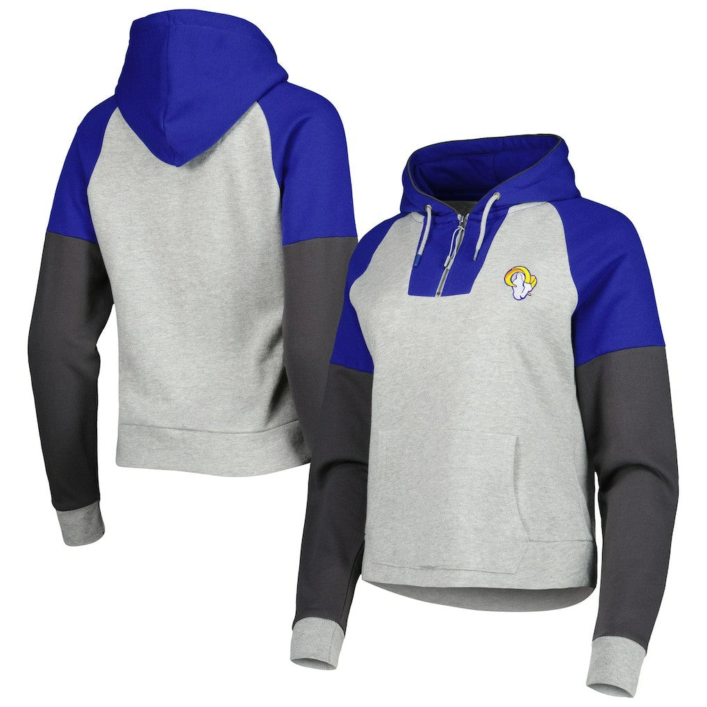Los Angeles Rams Antigua Women's Lightweight Jackpot Raglan Half-Zip Pullover Hoodie - Heather Gray Hoodies