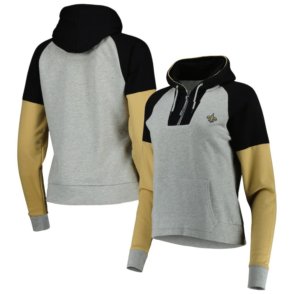 New Orleans Saints Antigua Women's Lightweight Jackpot Raglan Half-Zip Pullover Hoodie - Heather Gray Hoodies