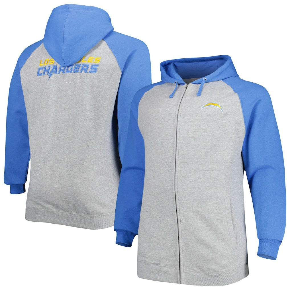 Los Angeles Chargers Big & Tall Fleece Raglan Full-Zip Hoodie Jacket - Heather Gray Hoodies
