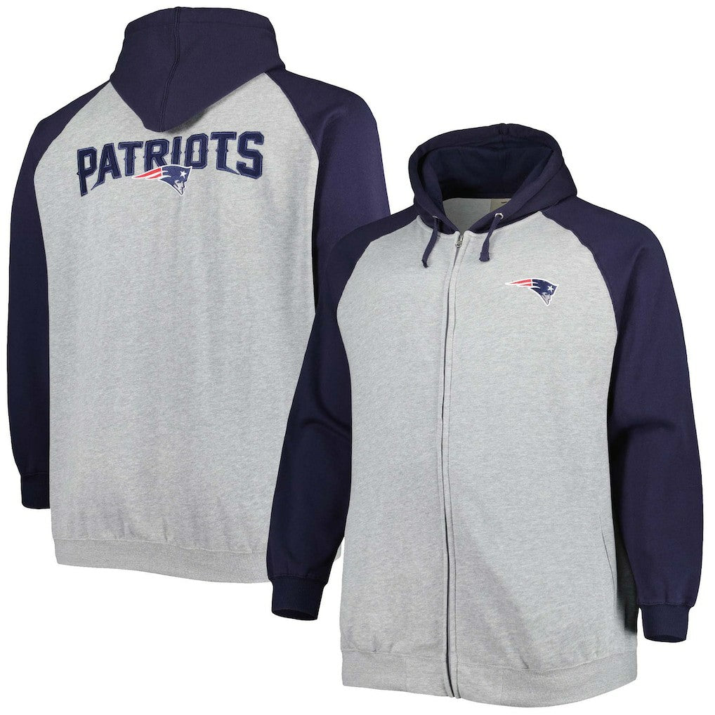 New England Patriots Big & Tall Fleece Raglan Full-Zip Hoodie Jacket - Heather Gray Hoodies