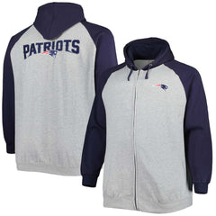 New England Patriots Big & Tall Fleece Raglan Full-Zip Hoodie Jacket - Heather Gray Hoodies
