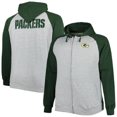 Green Bay Packers Big & Tall Fleece Raglan Full-Zip Hoodie Jacket - Heather Gray Hoodies