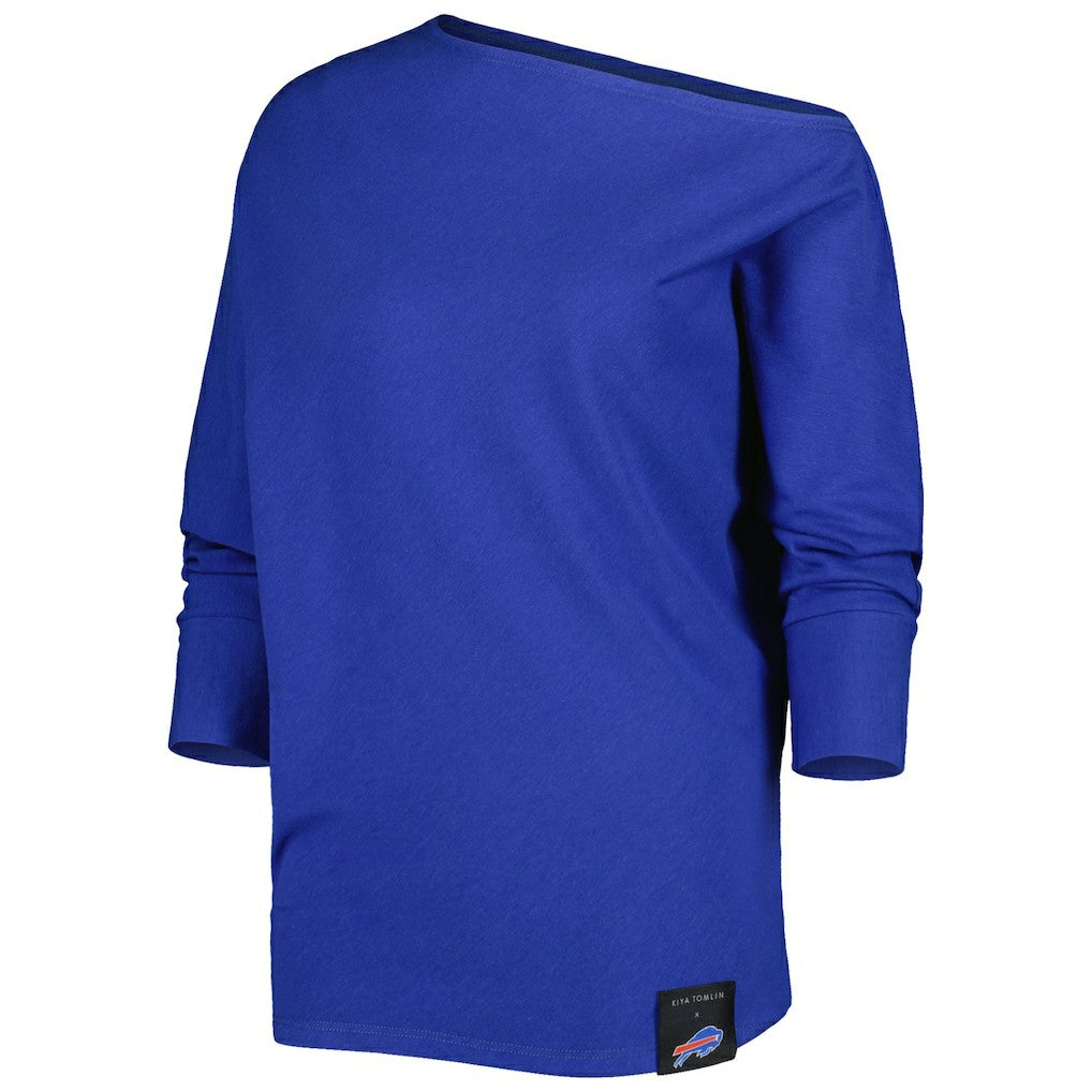 Buffalo Bills KIYA TOMLIN Women's Twisted Tri-Blend Asymmetrical 3/4-Dolman Sleeve Sweatshirt - Royal Sweatshirts