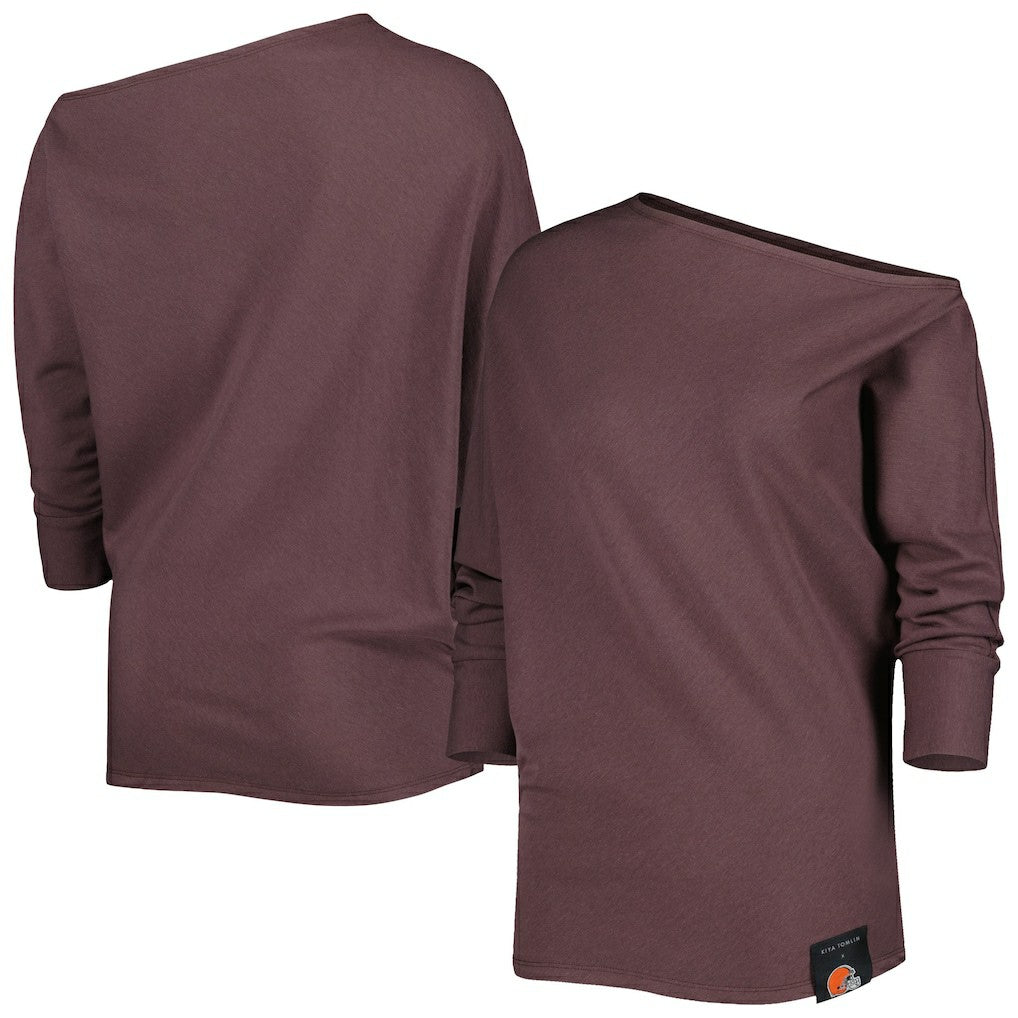 Cleveland Browns KIYA TOMLIN Women's Twisted Tri-Blend Asymmetrical 3/4-Dolman Sleeve Sweatshirt - Brown Sweatshirts