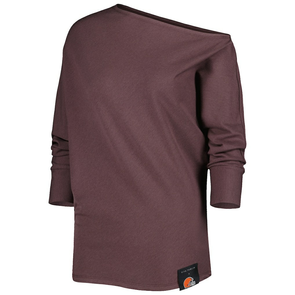 Cleveland Browns KIYA TOMLIN Women's Twisted Tri-Blend Asymmetrical 3/4-Dolman Sleeve Sweatshirt - Brown Sweatshirts