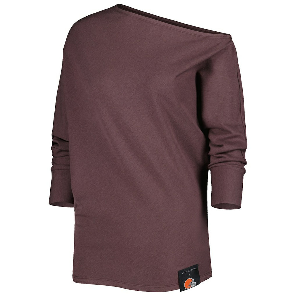 Cleveland Browns KIYA TOMLIN Women's Twisted Tri-Blend Asymmetrical 3/4-Dolman Sleeve Sweatshirt - Brown Sweatshirts