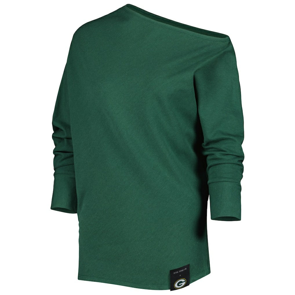 Green Bay Packers KIYA TOMLIN Women's Twisted Tri-Blend Asymmetrical 3/4-Dolman Sleeve Sweatshirt - Green Sweatshirts