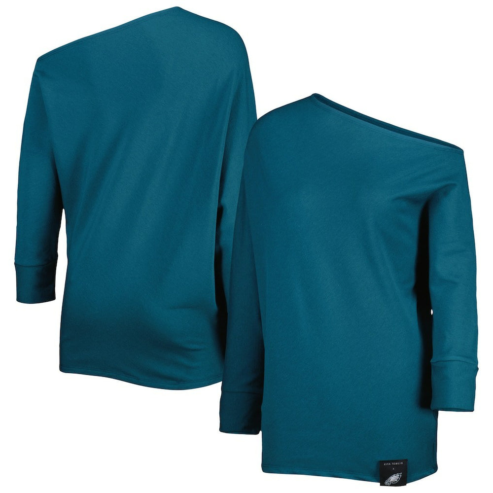 Philadelphia Eagles KIYA TOMLIN Women's Twisted Tri-Blend Asymmetrical 3/4-Dolman Sleeve Sweatshirt - Midnight Green Sweatshirts