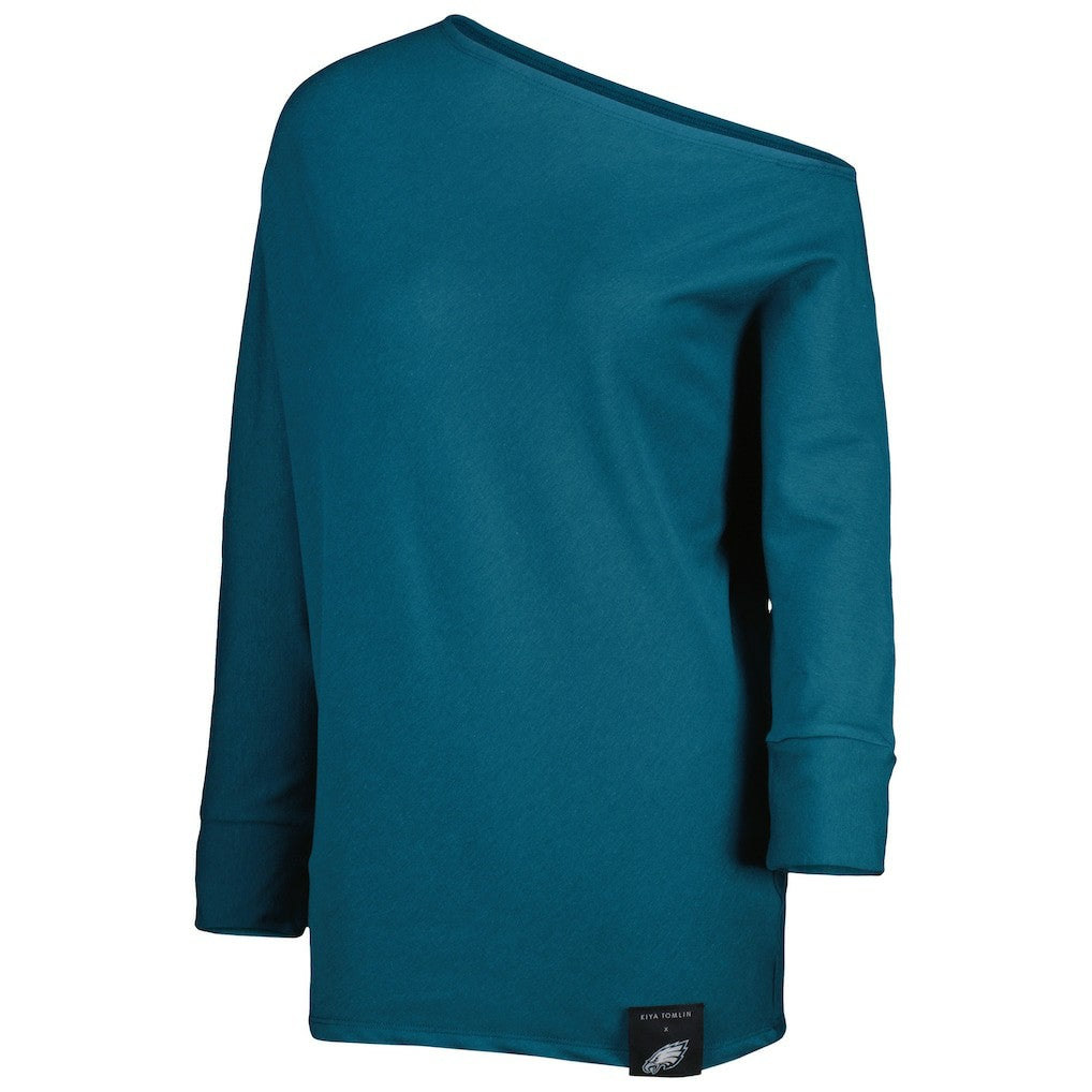 Philadelphia Eagles KIYA TOMLIN Women's Twisted Tri-Blend Asymmetrical 3/4-Dolman Sleeve Sweatshirt - Midnight Green Sweatshirts