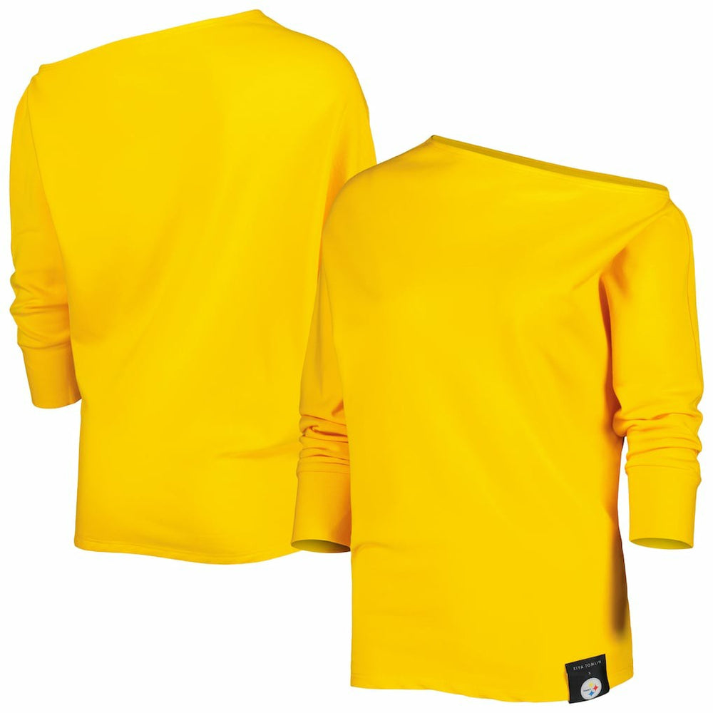 Pittsburgh Steelers KIYA TOMLIN Women's Twisted Tri-Blend Asymmetrical 3/4-Dolman Sleeve Sweatshirt - Gold Sweatshirts