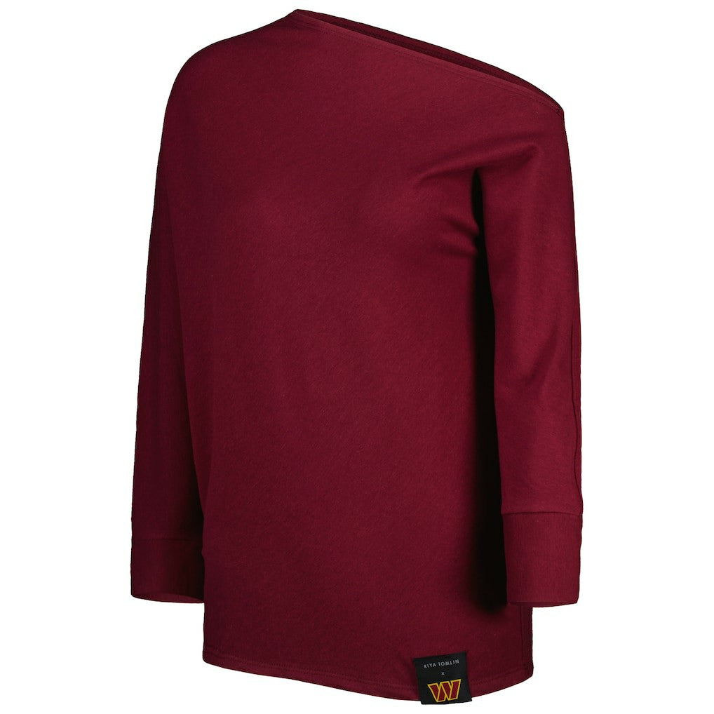 Washington Commanders KIYA TOMLIN Women's Twisted Tri-Blend Asymmetrical 3/4-Dolman Sleeve Sweatshirt - Burgundy Sweatshirts