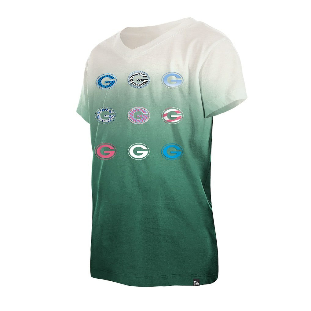 Green Bay Packers New Era Youth Multi Logo Ombre V-Neck T-Shirt - Green T-shirts