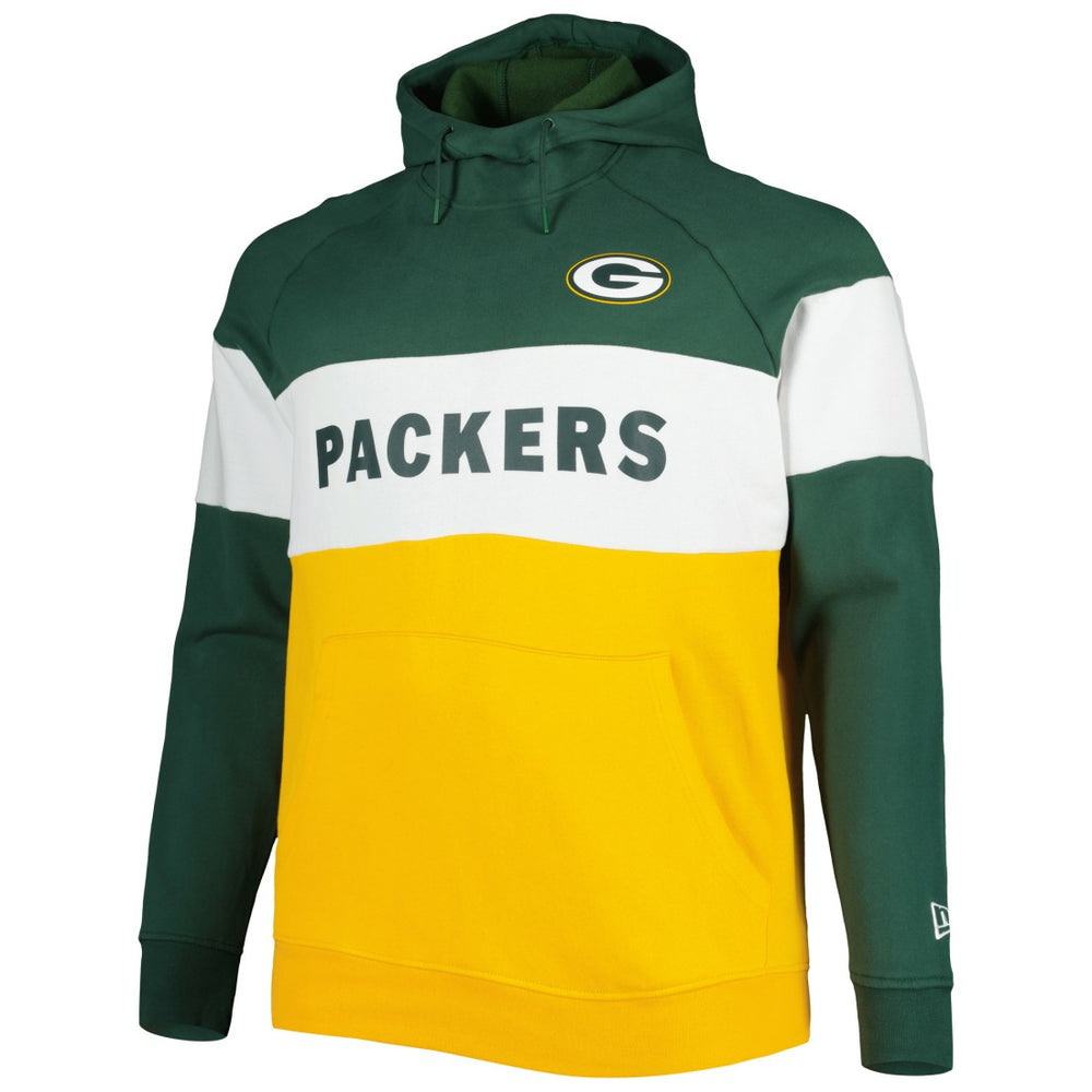 Green Bay Packers New Era Big & Tall Current Team Colorblock Fleece Raglan Pullover Hoodie - Green/Gold Hoodies