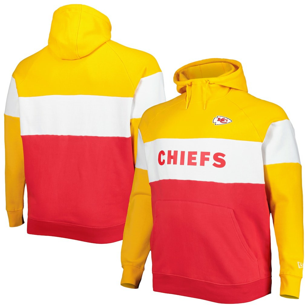 Kansas City Chiefs New Era Big & Tall Current Team Colorblock Fleece Raglan Pullover Hoodie - Gold/Red Hoodies
