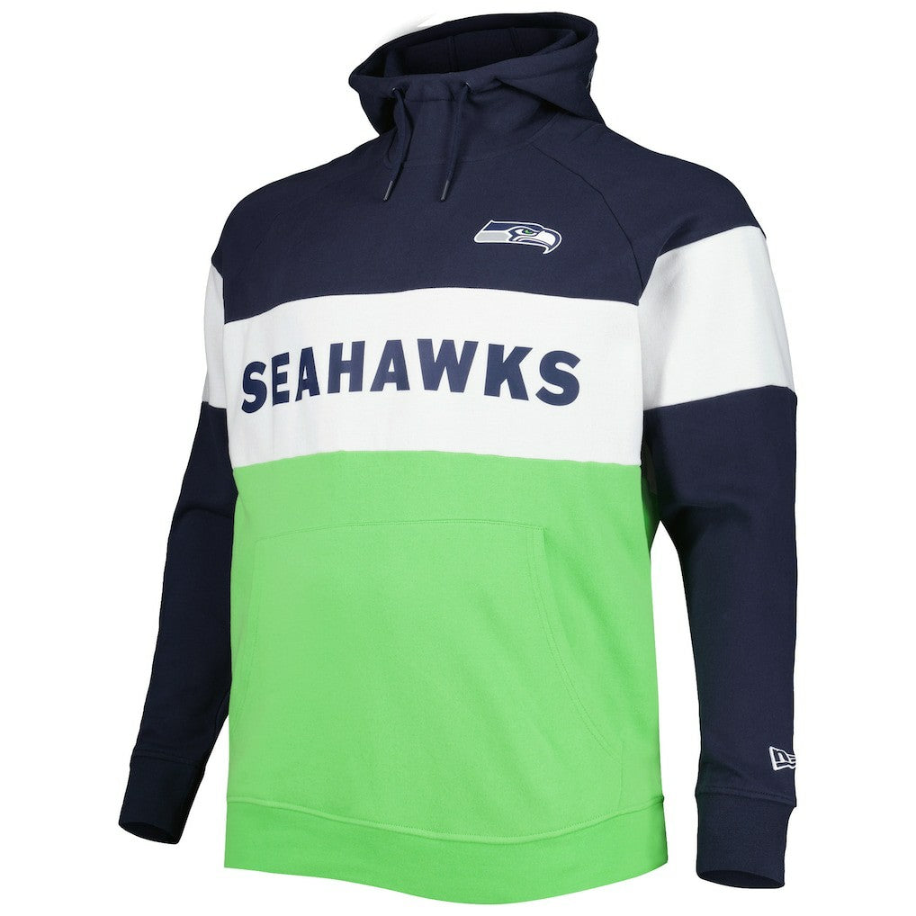 Seattle Seahawks New Era Big & Tall Current Team Colorblock Fleece Raglan Pullover Hoodie - College Navy/Neon Green Hoodies