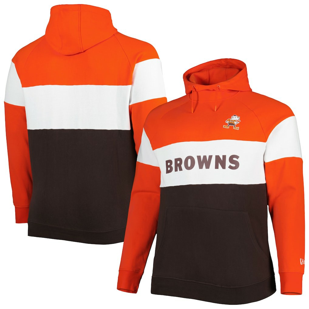 Cleveland Browns New Era Big & Tall Throwback Colorblock Fleece Raglan Pullover Hoodie - Orange/Brown Hoodies