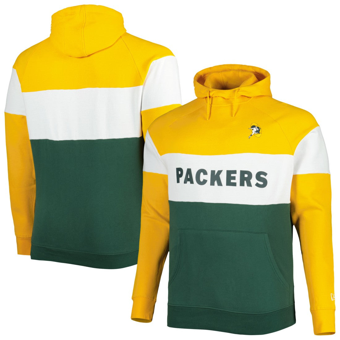 Green Bay Packers New Era Big & Tall Throwback Colorblock Fleece Raglan Pullover Hoodie - Gold/Green Hoodies