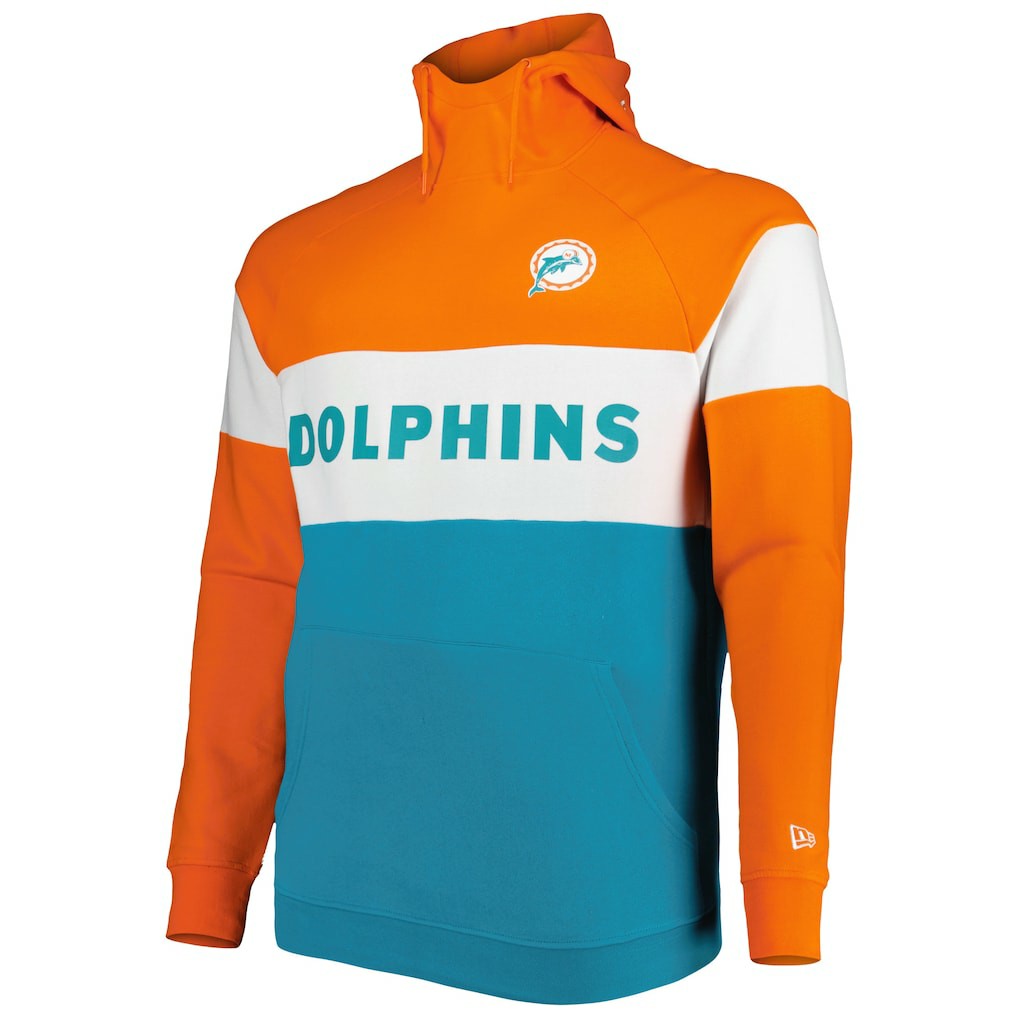 Miami Dolphins New Era Big & Tall Throwback Colorblock Raglan Pullover Hoodie - Aqua Hoodies