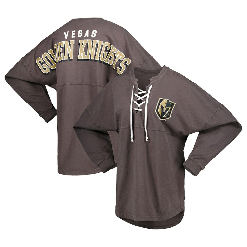 Vegas Golden Knights Fanatics Women's Spirit Lace-Up V-Neck Long Sleeve Jersey T-Shirt - Charcoal | US 4974038