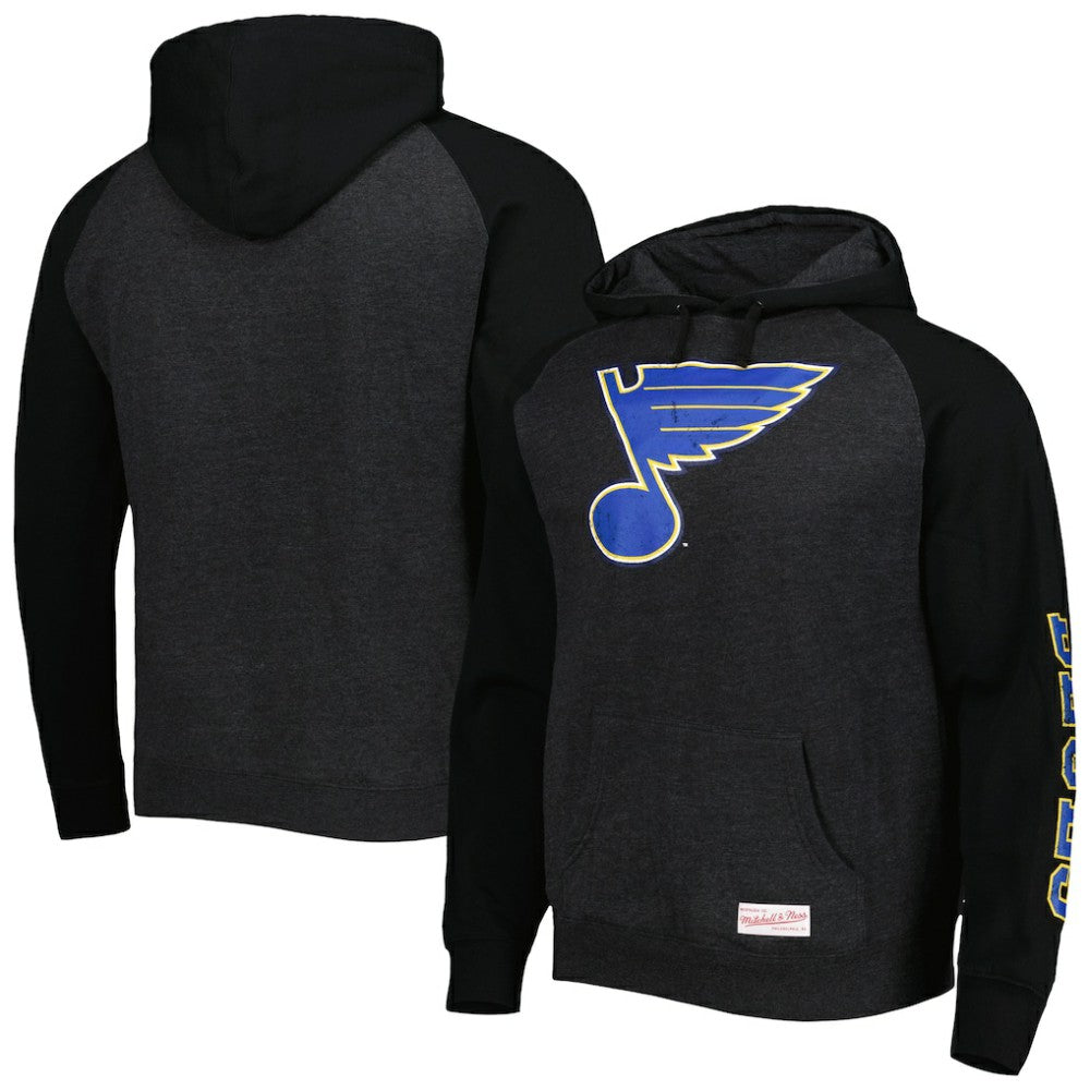 St. Louis Blues Mitchell & Ness Distressed Logo Raglan Pullover Hoodie - Heather Black | US 4980644