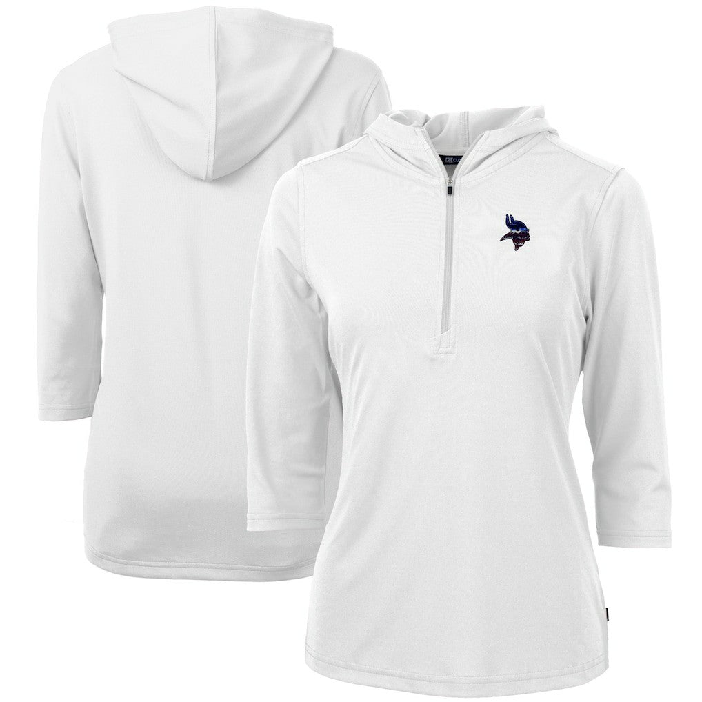 Minnesota Vikings Cutter & Buck Women's Virtue Eco Pique 3/4 Sleeve Half-Zip Pullover Hoodie - White Hoodies