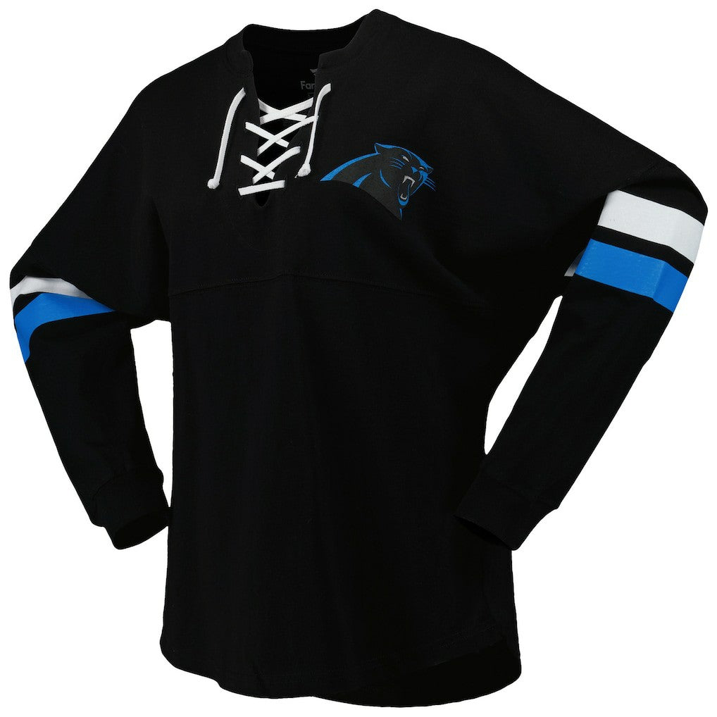 Carolina Panthers Women's Spirit Jersey Lace-Up V-Neck Long Sleeve T-Shirt - Black T-shirts
