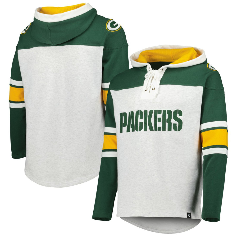 Green Bay Packers '47 Gridiron Lace-Up Pullover Hoodie - Heather Gray Hoodies