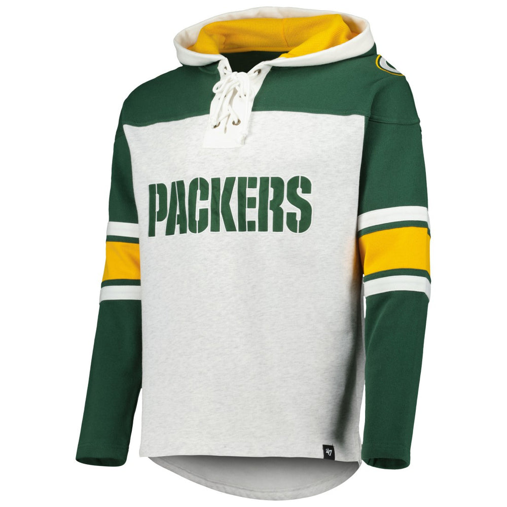 Green Bay Packers '47 Gridiron Lace-Up Pullover Hoodie - Heather Gray Hoodies