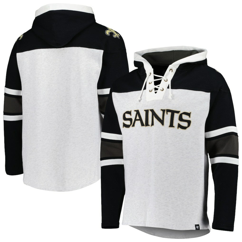 New Orleans Saints '47 Gridiron Lace-Up Pullover Hoodie - Heather Gray Hoodies