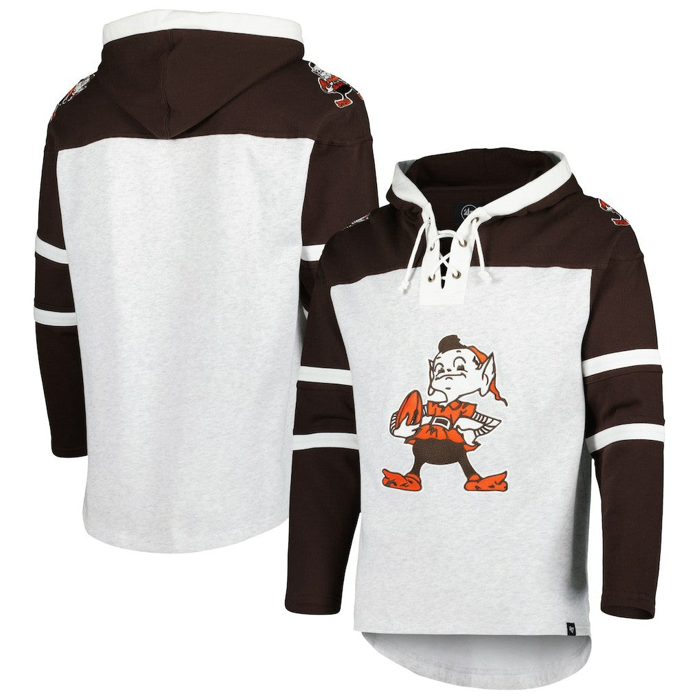 Cleveland Browns '47 Brownie The Elf Historic Logo Gridiron Lace-Up Pullover Hoodie - Heather Gray Hoodies