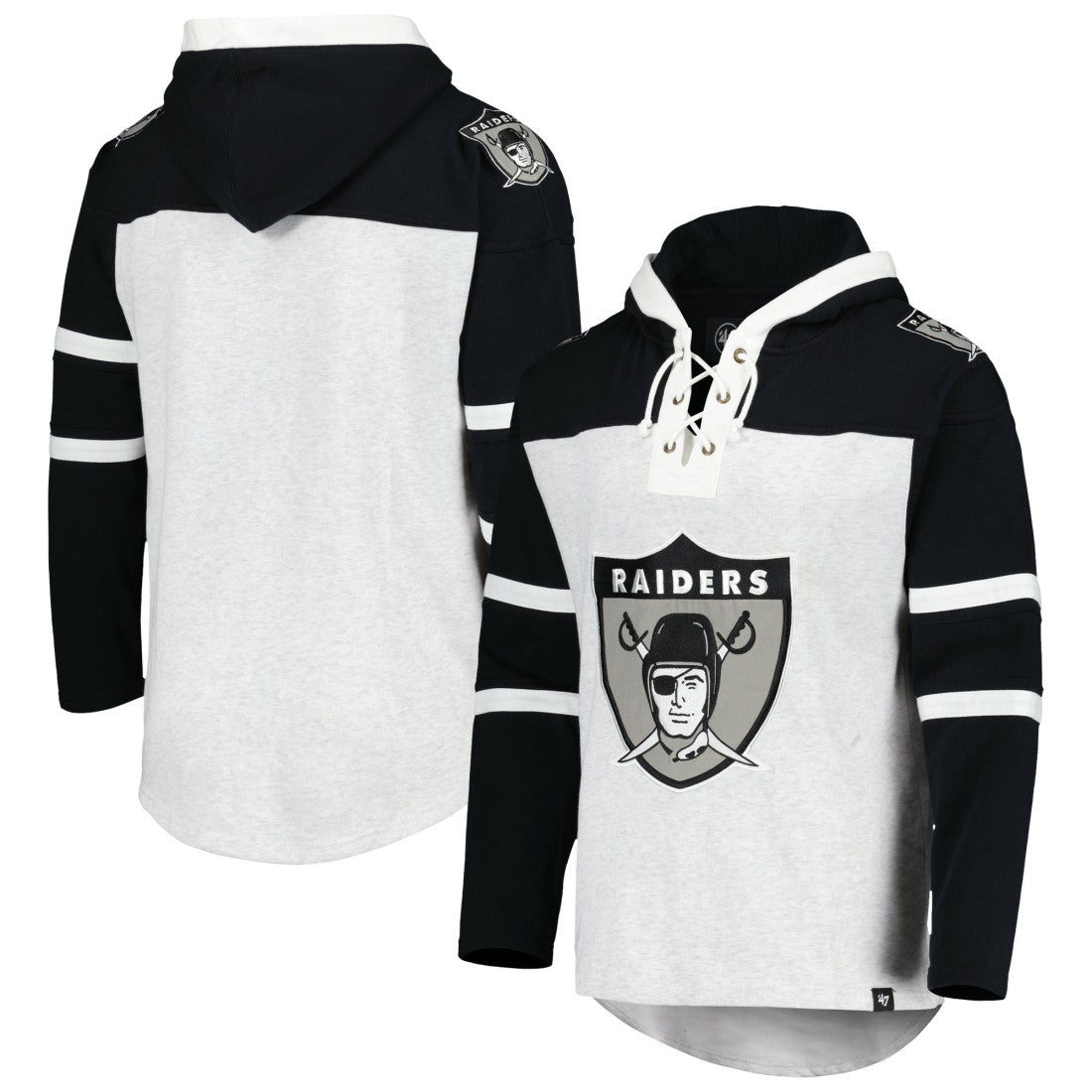 Las Vegas Raiders '47 Historic Logo Gridiron Lace-Up Pullover Hoodie - Heather Gray Hoodies