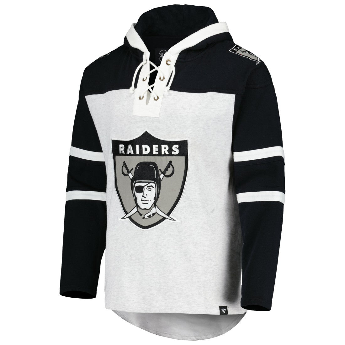 Las Vegas Raiders '47 Historic Logo Gridiron Lace-Up Pullover Hoodie - Heather Gray Hoodies