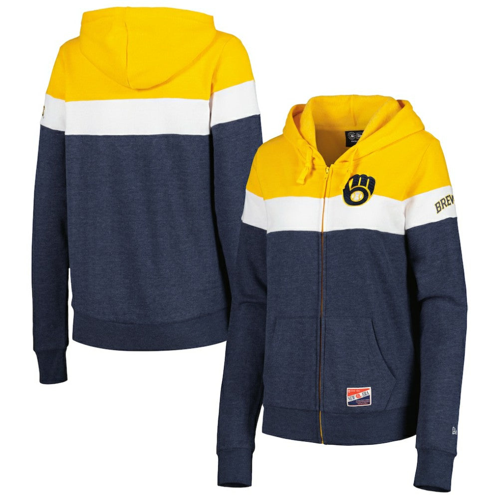 Milwaukee Brewers New Era Women's Colorblock Full-Zip Hoodie Jacket - Heather Navy Jackets