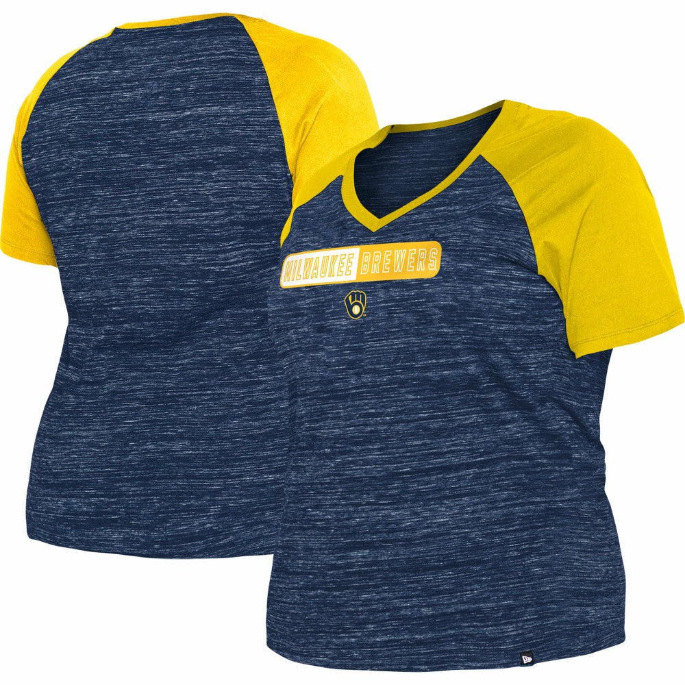 Milwaukee Brewers New Era Women's Plus Size Space Dye Raglan V-Neck T-Shirt - Navy T-shirts