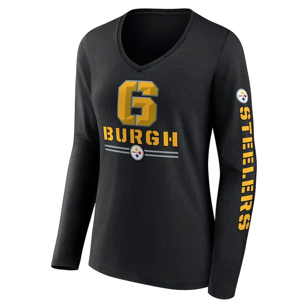Pittsburgh Steelers Women's Hometown Sweep Long Sleeve V-Neck T-Shirt - Black T-shirts