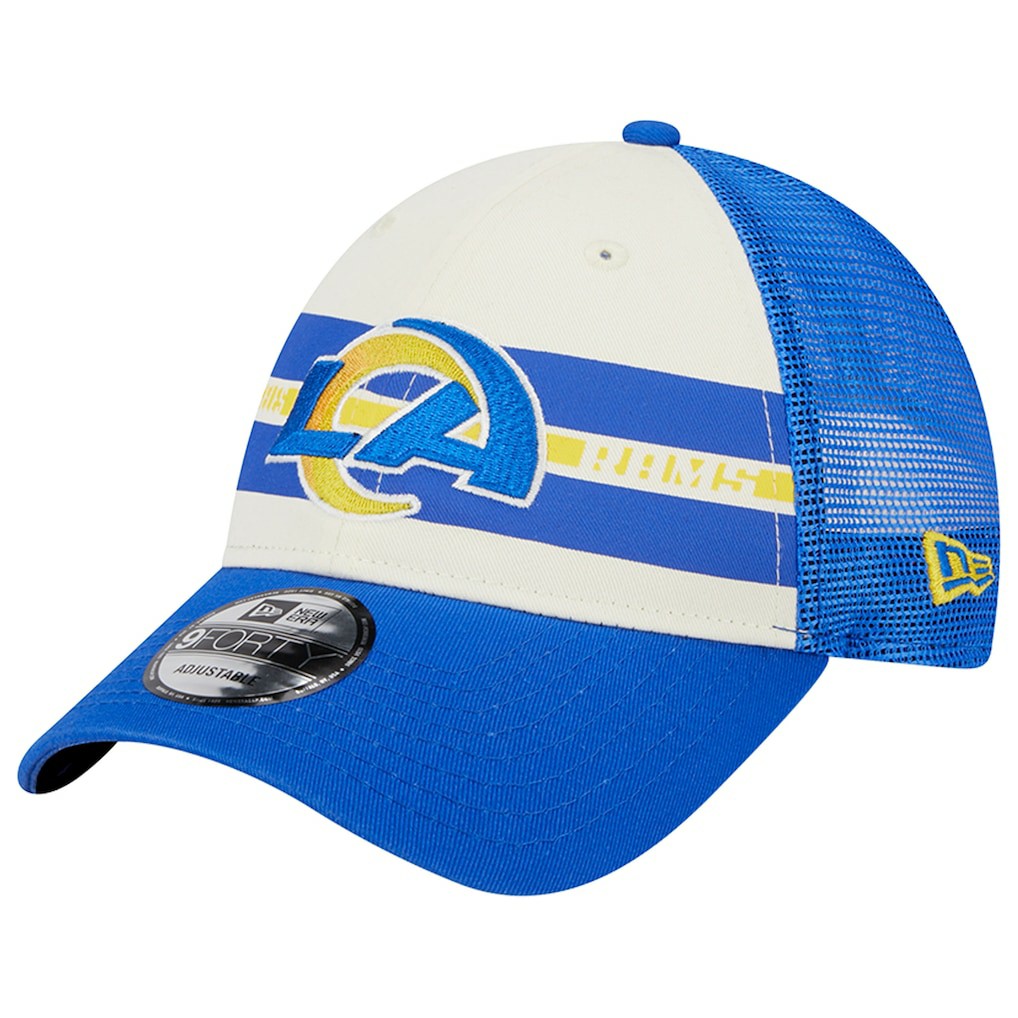 Los Angeles Rams New Era Team Stripe Trucker 9FORTY Snapback Hat - Cream/Royal Hats