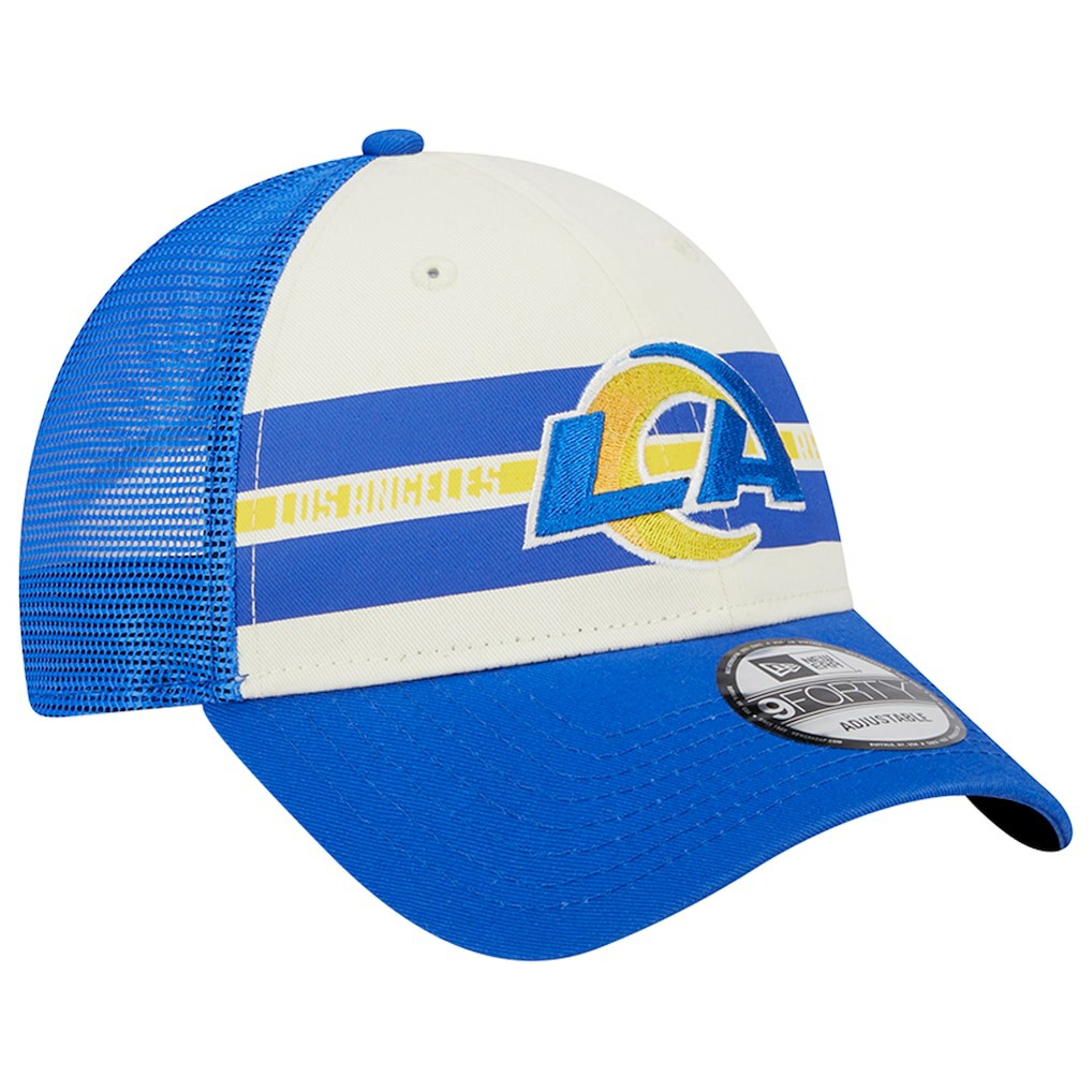Los Angeles Rams New Era Team Stripe Trucker 9FORTY Snapback Hat - Cream/Royal Hats