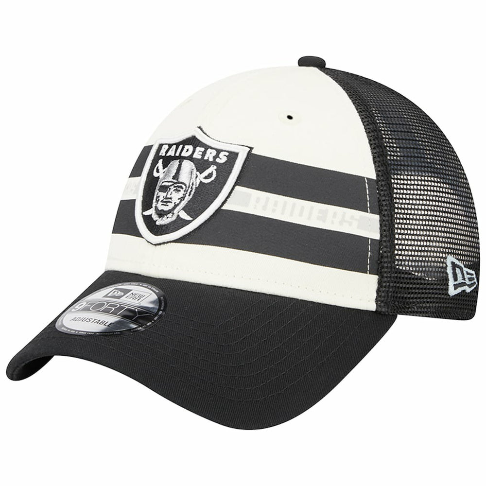Las Vegas Raiders New Era Team Stripe Trucker 9FORTY Snapback Hat - Cream/Black Hats