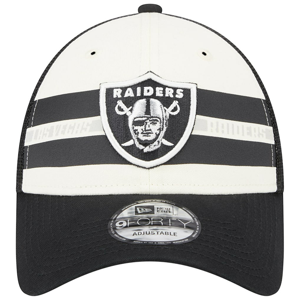 Las Vegas Raiders New Era Team Stripe Trucker 9FORTY Snapback Hat - Cream/Black Hats