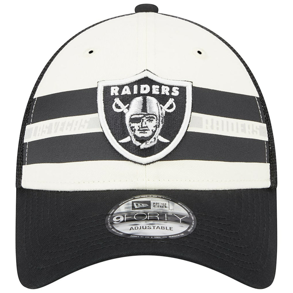 Las Vegas Raiders New Era Team Stripe Trucker 9FORTY Snapback Hat - Cream/Black Hats