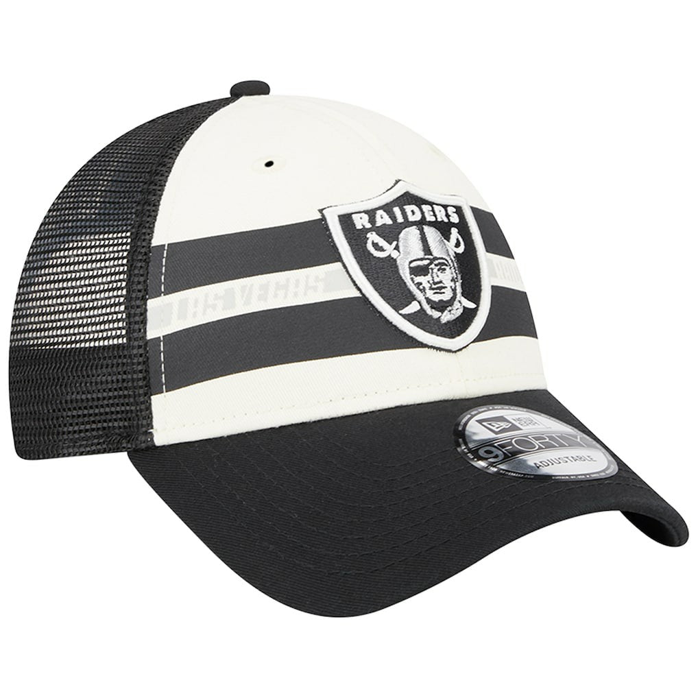 Las Vegas Raiders New Era Team Stripe Trucker 9FORTY Snapback Hat - Cream/Black Hats