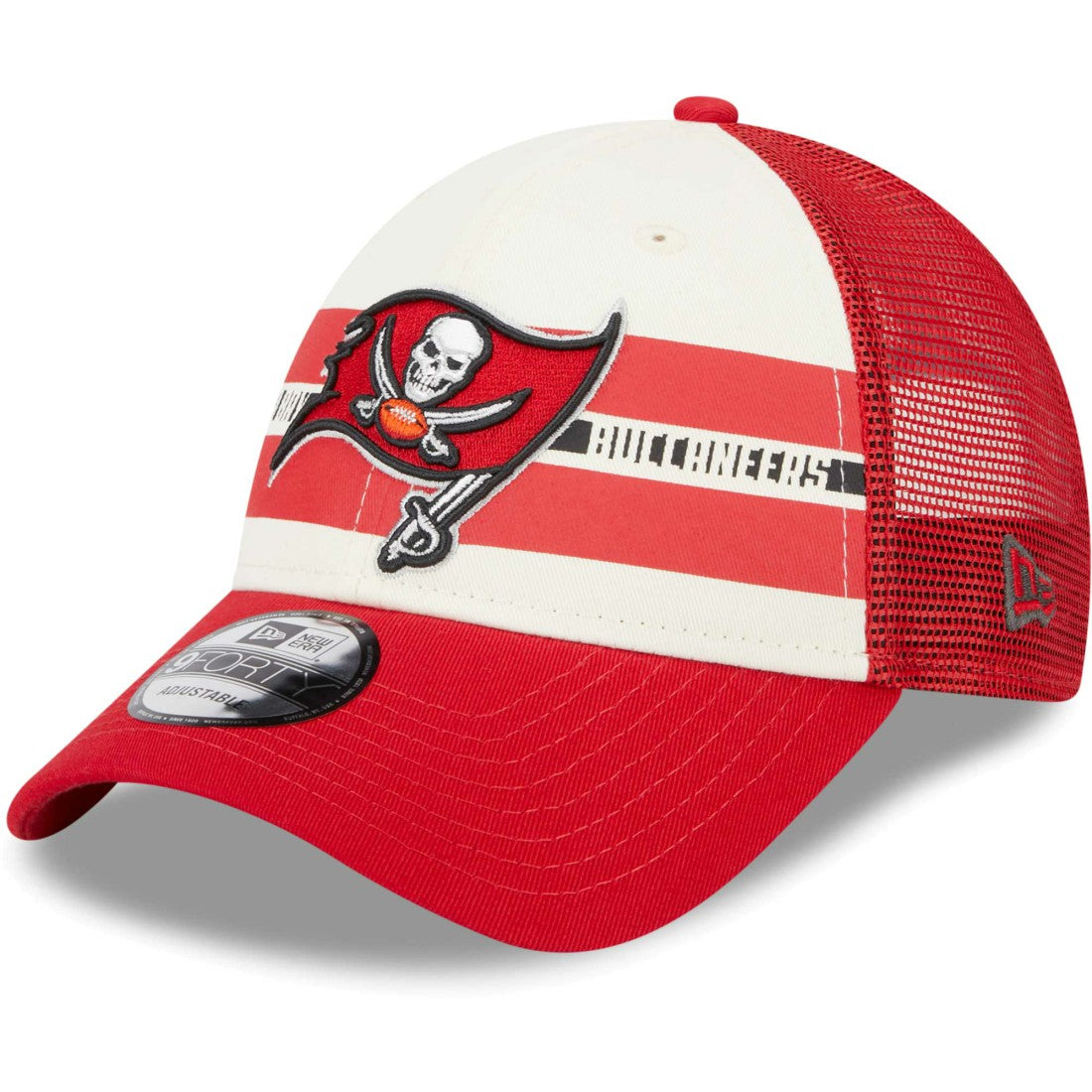 Tampa Bay Buccaneers New Era Team Stripe Trucker 9FORTY Snapback Hat - Cream/Red Hats