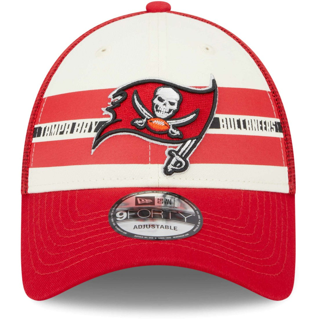 Tampa Bay Buccaneers New Era Team Stripe Trucker 9FORTY Snapback Hat - Cream/Red Hats