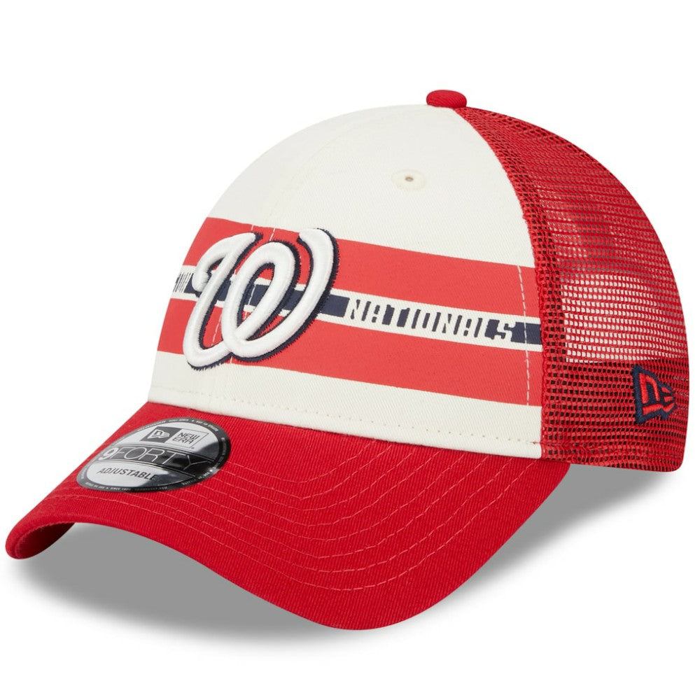 Washington Nationals New Era Team Stripe Trucker 9FORTY Snapback Hat - White/Red Hats