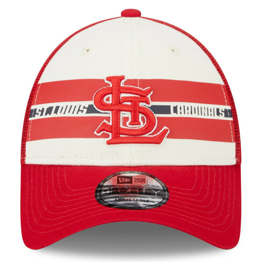 St. Louis Cardinals New Era Team Stripe Trucker 9FORTY Snapback Hat - White/Red Hats