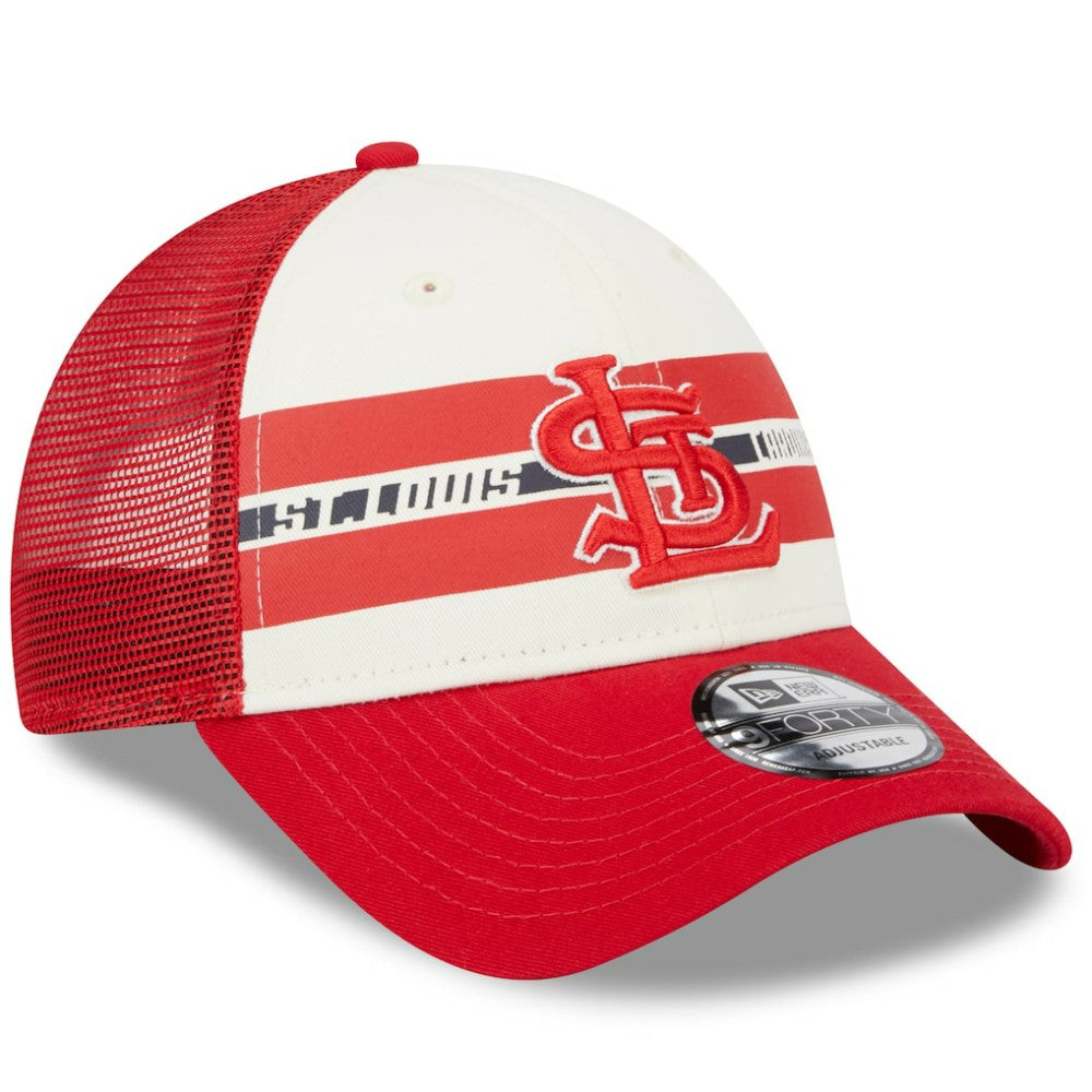 St. Louis Cardinals New Era Team Stripe Trucker 9FORTY Snapback Hat - White/Red Hats
