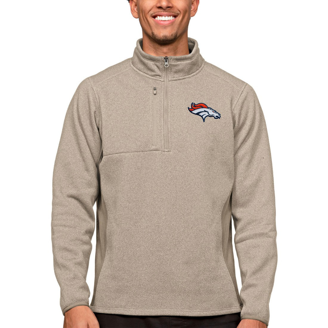 Denver Broncos Antigua Course Quarter-Zip Pullover Top - Oatmeal Pullover