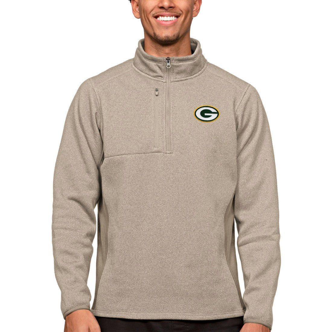 Green Bay Packers Antigua Course Quarter-Zip Pullover Top - Oatmeal Pullover